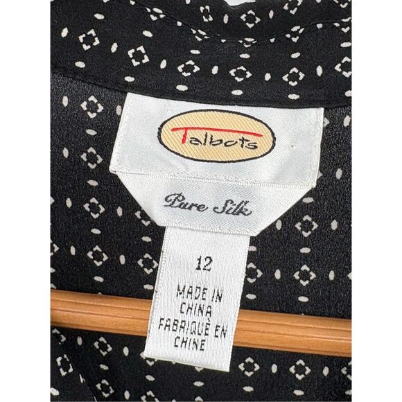 Talbots Silk Top Blouse Women Size 12 Large Black Sheer Geometric Ruffle Collar - Picture 3 of 12